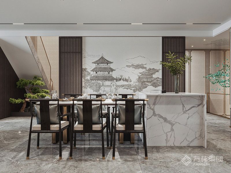 餐廳次背景同客廳背景貫通連續，醞釀綿延悠長的東方情致