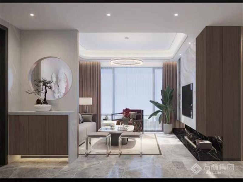 客餐廳一體化大橫廳設(shè)計(jì)，拓寬了場(chǎng)景空間的尺度。大面積全景玻璃窗為空間帶來(lái)充足的自然光線和開闊的視野，讓空間變得敞亮大氣、純凈空明。
