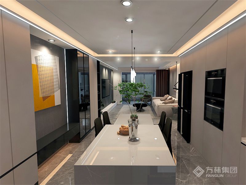 餐廳和客廳剛好在一條軸線上，增加了中島臺的設計，讓餐廳更具多種就餐組合性。