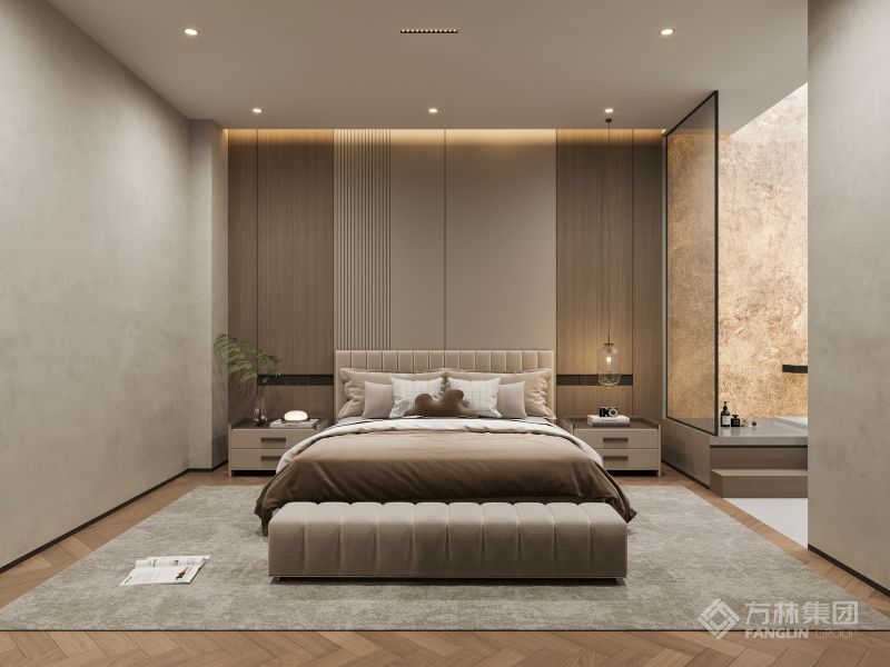 素色棉麻布藝質感家具，背景大面積木飾面與鏡面結合好似現代與自然的碰撞，舒適悠閑